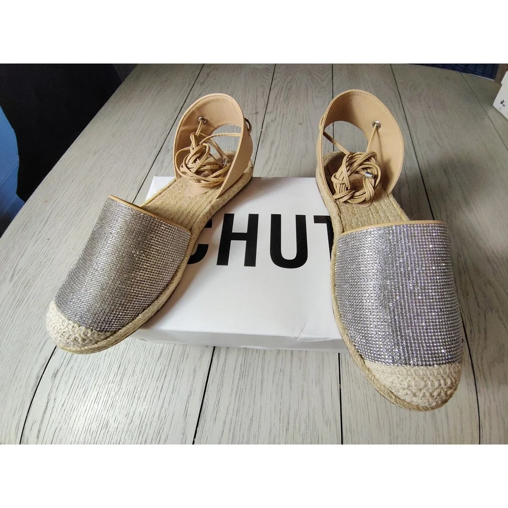 Schutz Zelinah Rhinestone Espadrille Lace Up Flats Silver Beige Womens‎ 9B